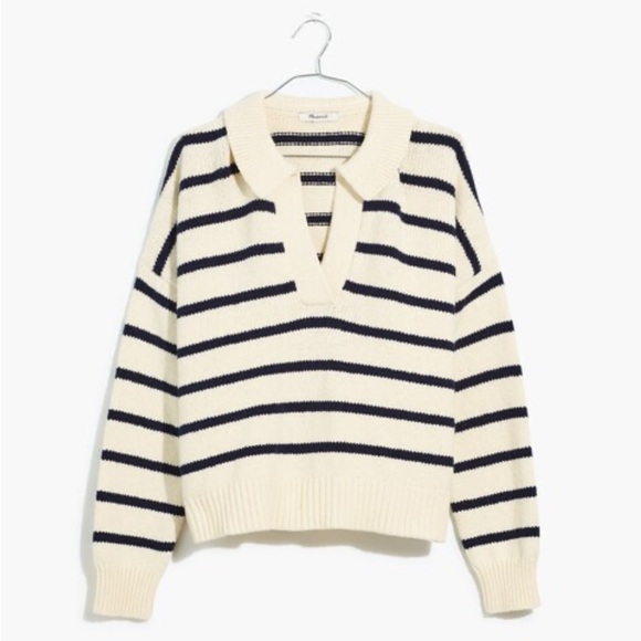 Madewell Dedham Polo Sweater in White and Navy Stripe - Picture 1 of 7